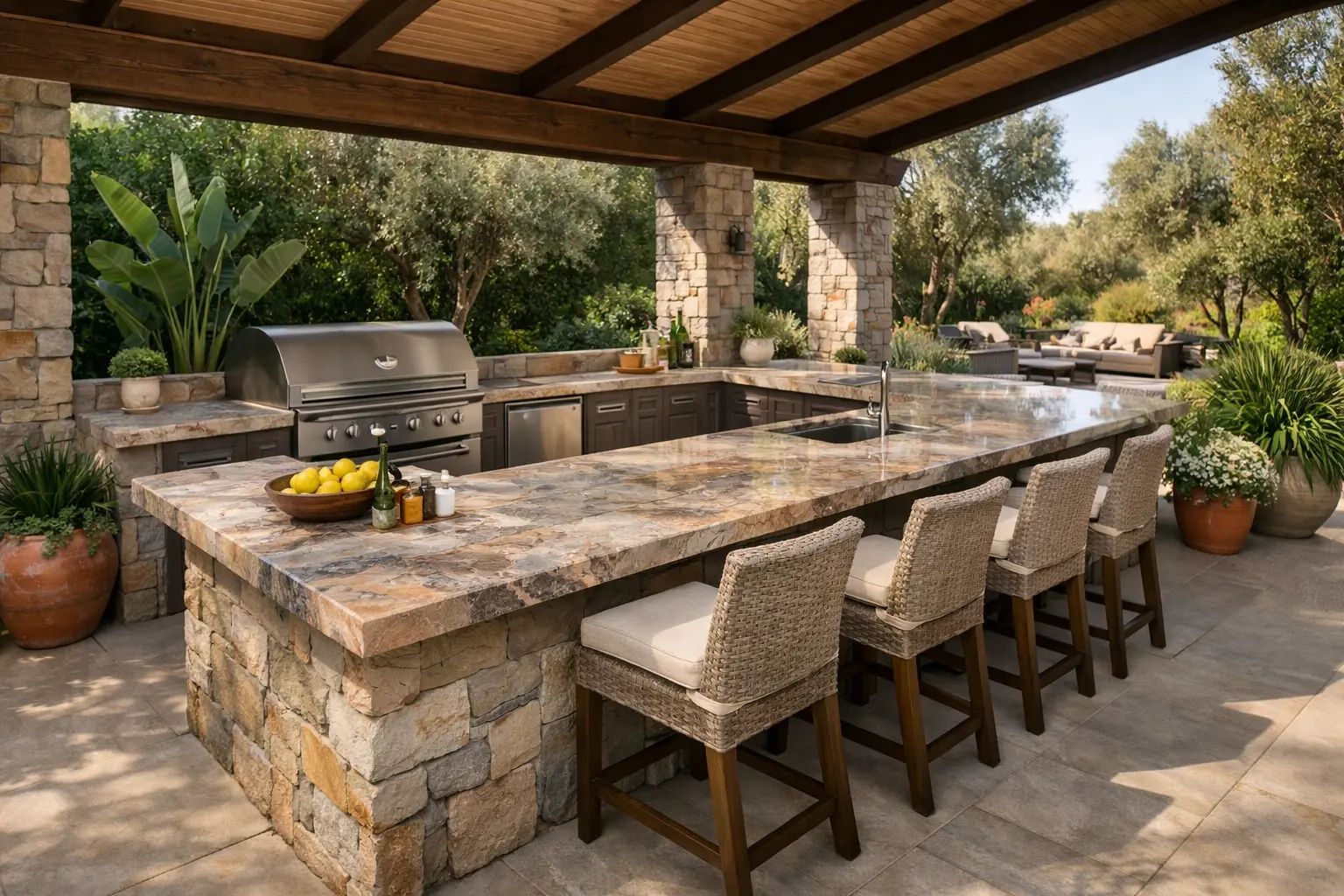 Aardse kwartsietstructuur in buitenkeuken of tuinkamer